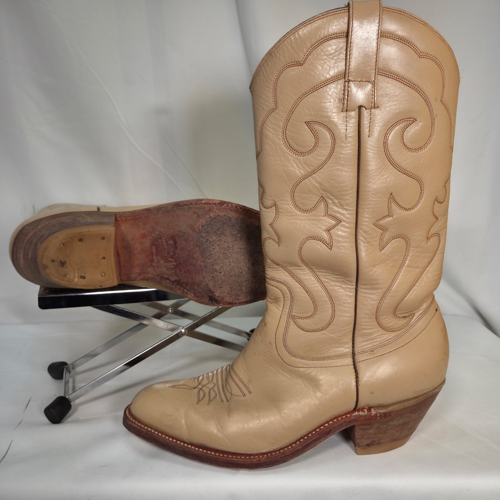 Vintage Beige Leather Western Cowboy Boots Pointed Toe Mens 8.5 Botas Jeral